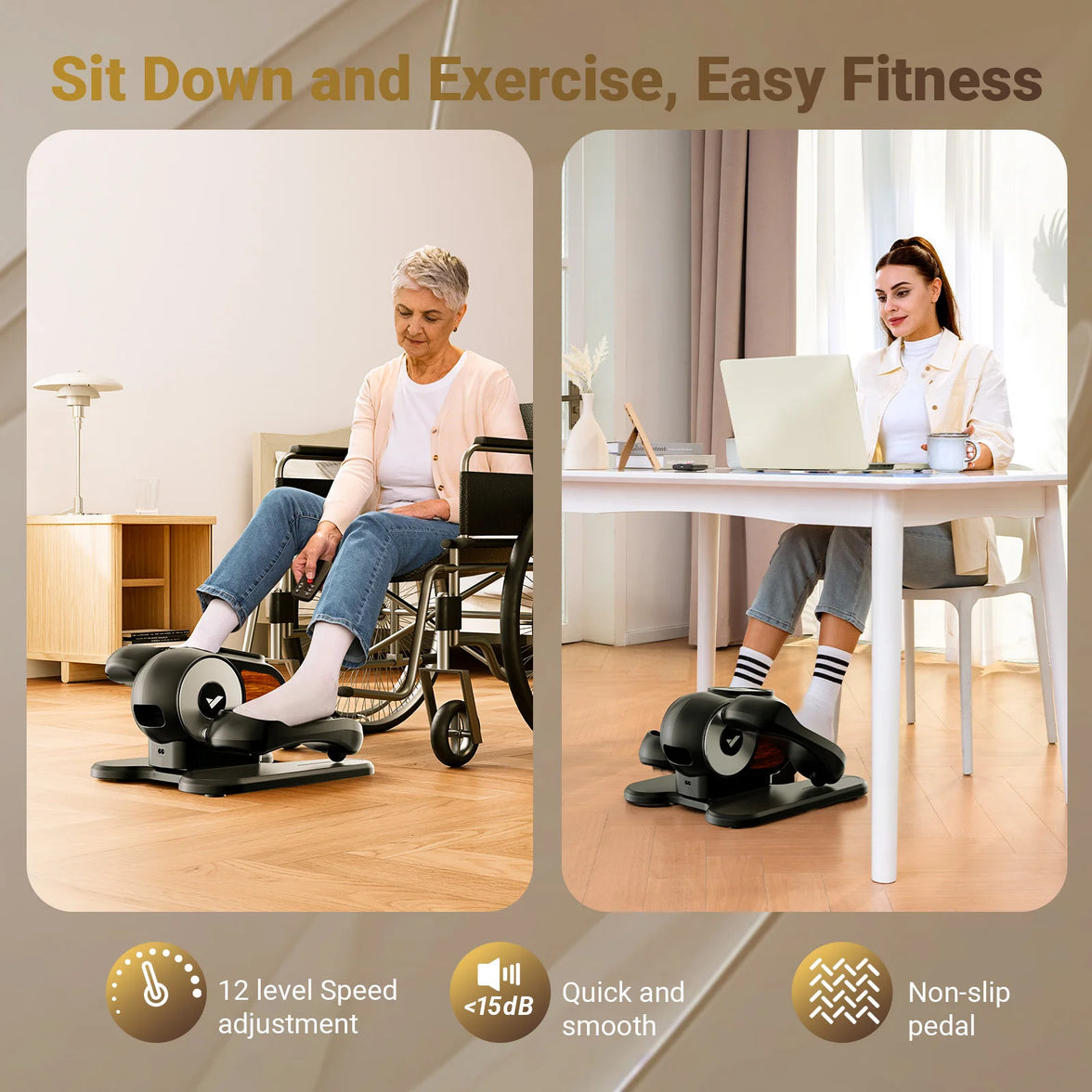 Two people using exercise bikes in home settings with product features highlighted.