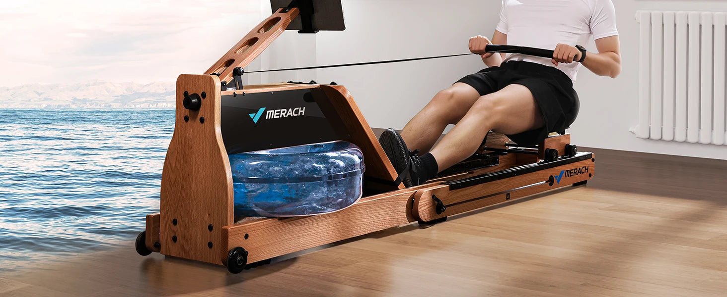 MERACH 950 Water Electromagnetic Rowing Machine – Foldable, LCD Display, Oak Wood Frame, Maximum 350 lbs Capacity