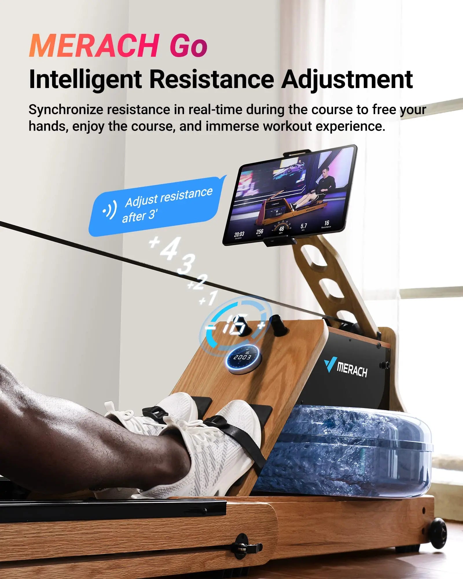 MERACH 950 Water Electromagnetic Rowing Machine – Foldable, LCD Display, Oak Wood Frame, Maximum 350 lbs Capacity