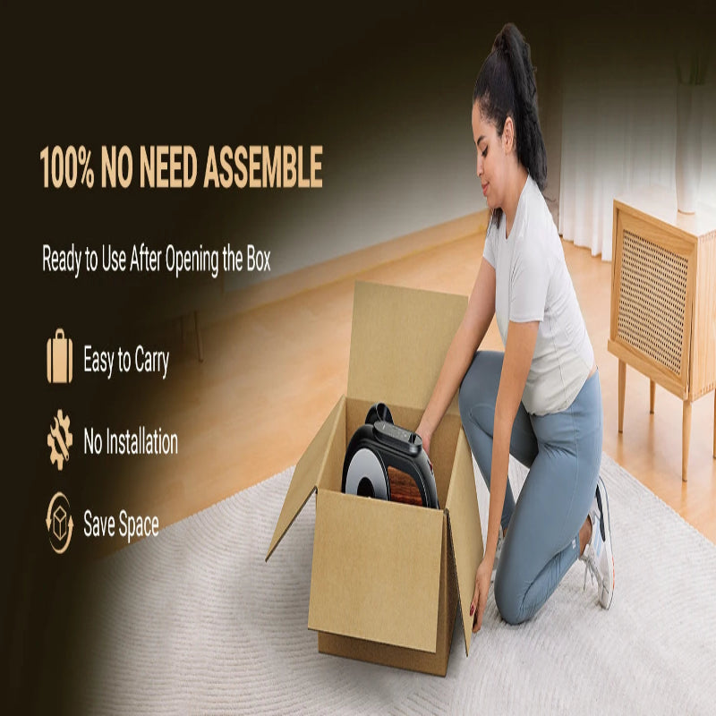 Woman opening a box with text highlighting features like '100% No Need Assemble', 'Ready to Use After Opening the Box', 'Easy to Carry', 'No Installation', and 'Save Space'.