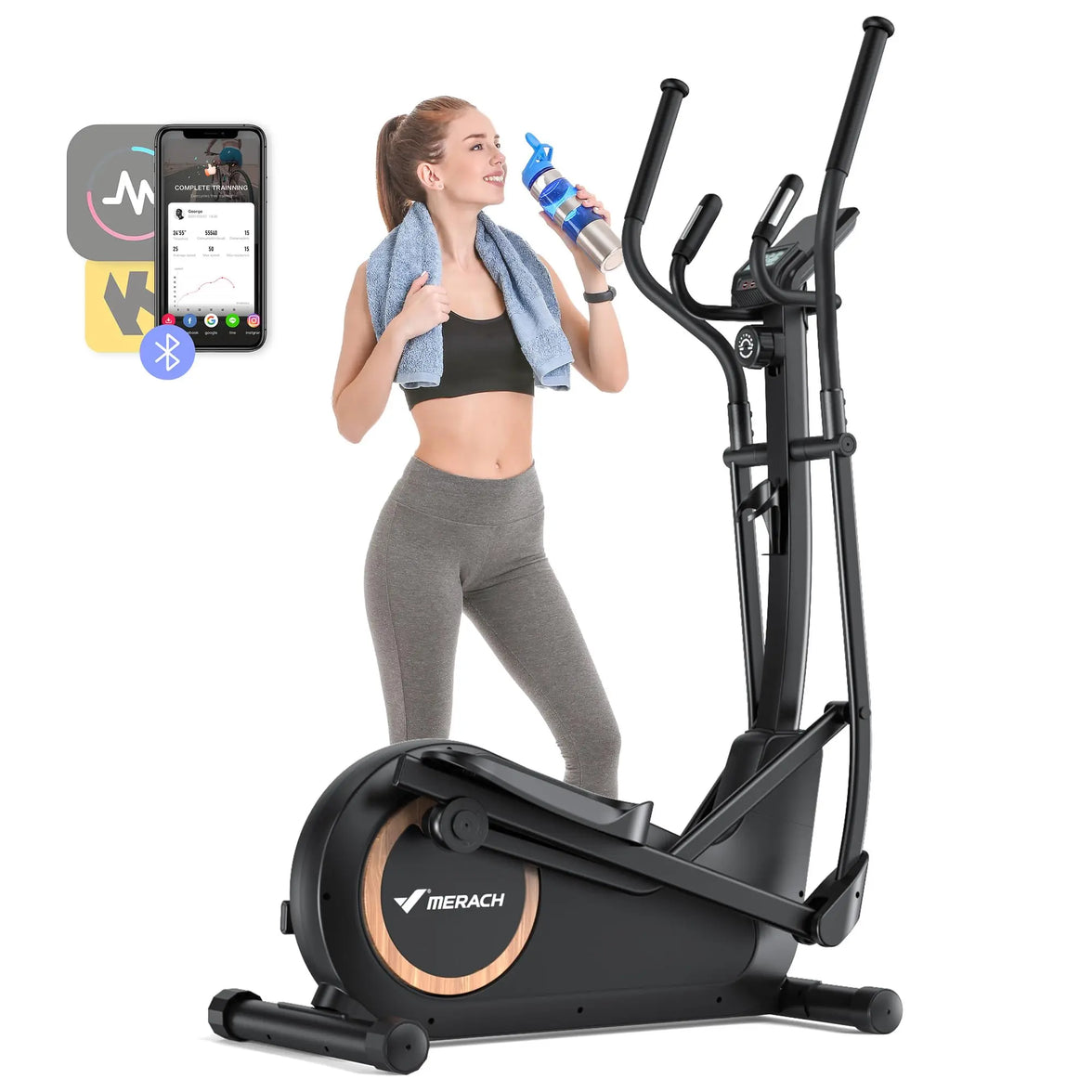 A woman is using a black MERACH alloy steel elliptical trainer with adjustable stride length and resistance levels. The product is displayed with a 'Big Save' tag and an invitation to add to cart.