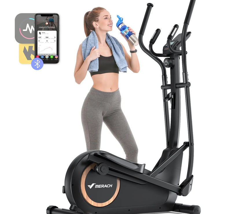A woman is using a black MERACH alloy steel elliptical trainer with adjustable stride length and resistance levels. The product is displayed with a 'Big Save' tag and an invitation to add to cart.