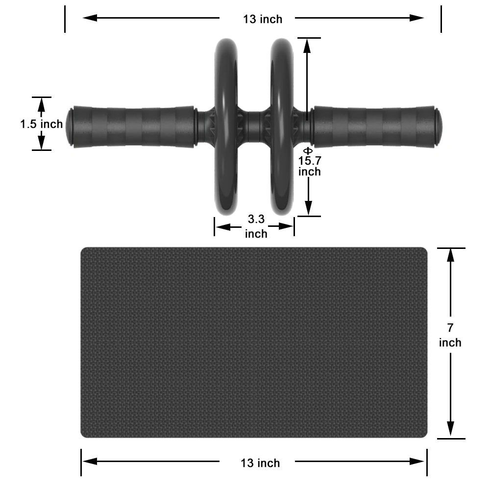 Measurement chart of a black exercise roller with dimensions labeled.