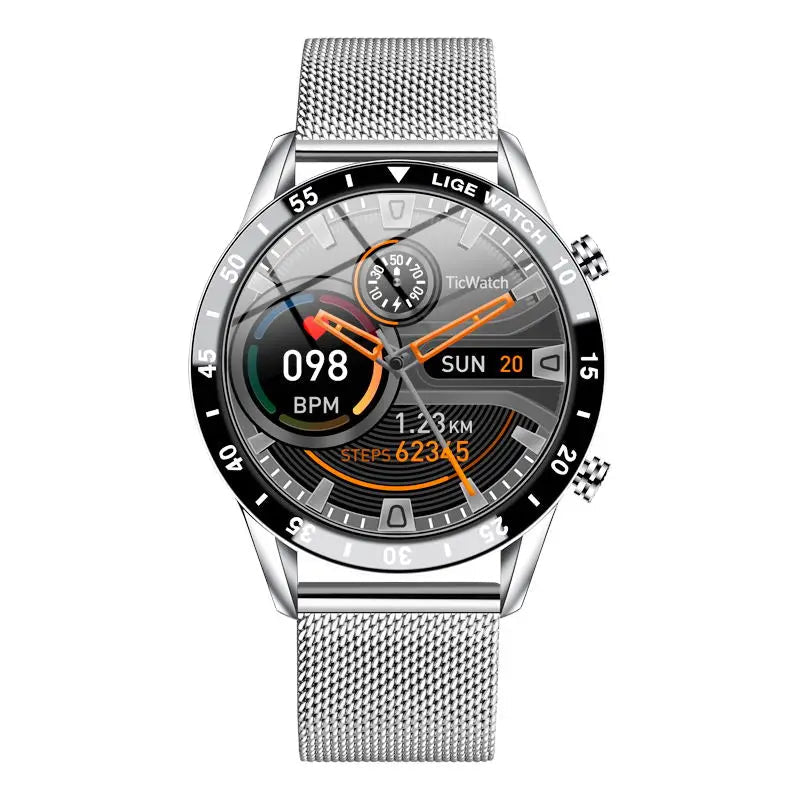 A stainless steel smartwatch with a silver band and touchscreen display, showing time, heart rate, and fitness metrics.