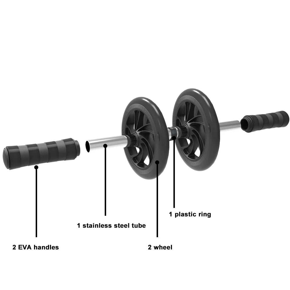 Diagram of a fitness wheel with labeled parts on a white background