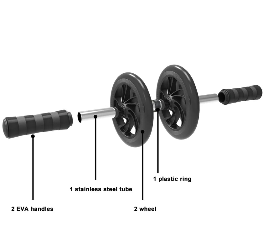 Diagram of a fitness wheel with labeled parts on a white background