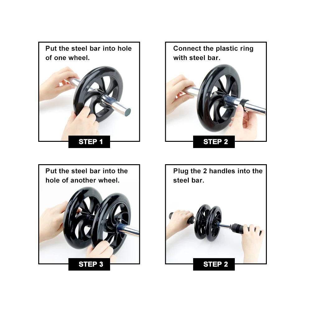 Step-by-step assembly instructions for a weightlifting bar with wheels.