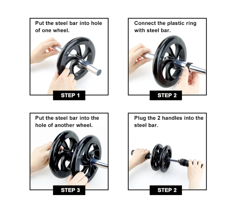 Step-by-step assembly instructions for a weightlifting bar with wheels.