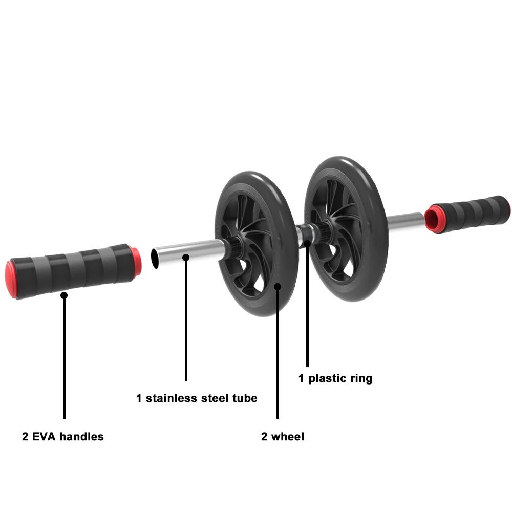 Diagram of a fitness wheel with labeled parts on a white background