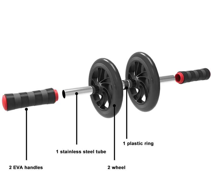 Diagram of a fitness wheel with labeled parts on a white background