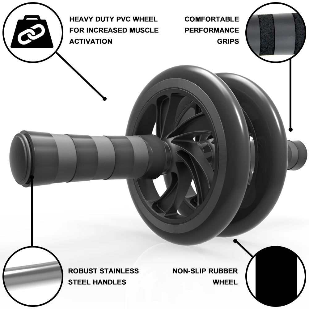 Black ab roller with labeled features on a white background