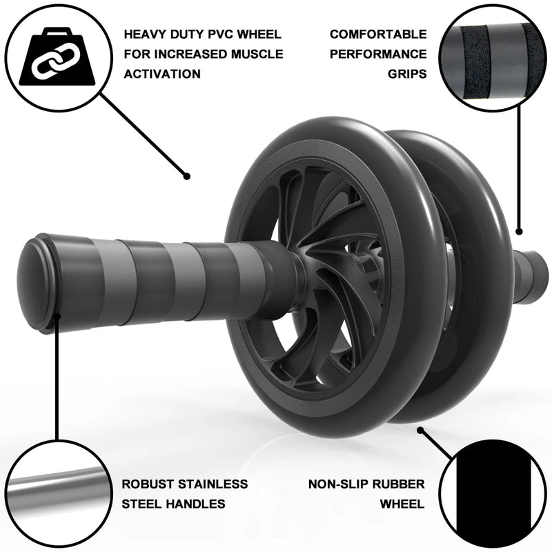 Black ab roller with labeled features on a white background