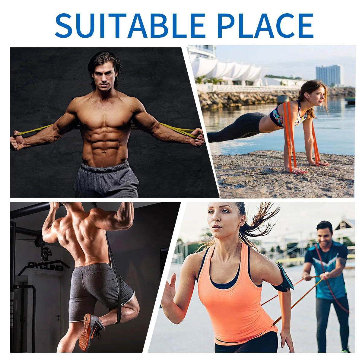 Collage of people exercising outdoors and indoors with text 'Suitable Place'.
