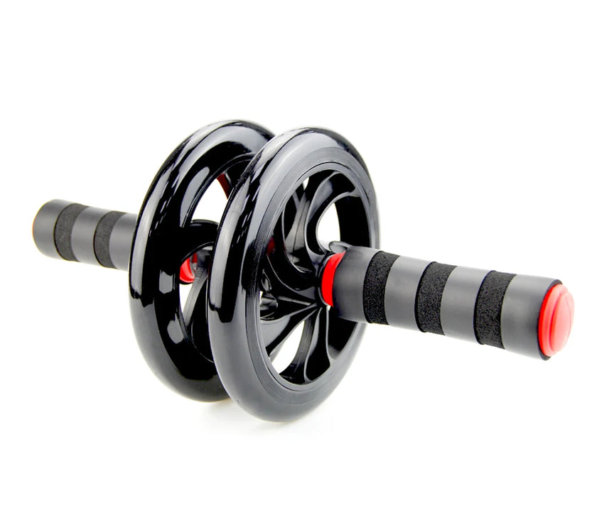 Black and gray ab roller with red accents on a white background