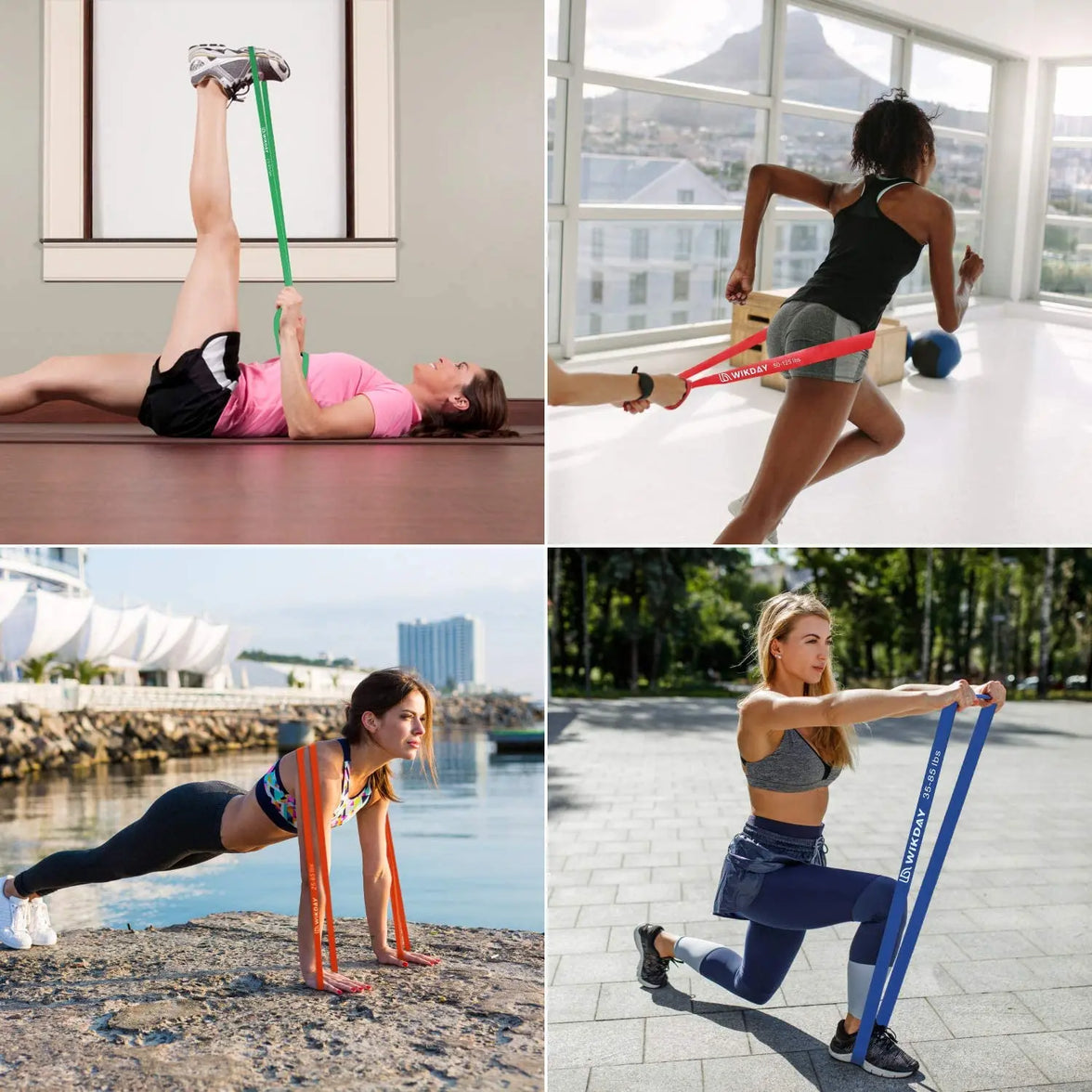 Collage of women exercising with resistance bands in various settings.