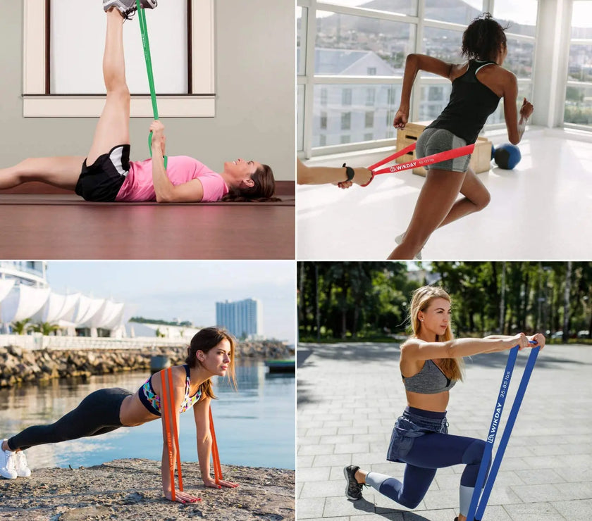 Collage of women exercising with resistance bands in various settings.