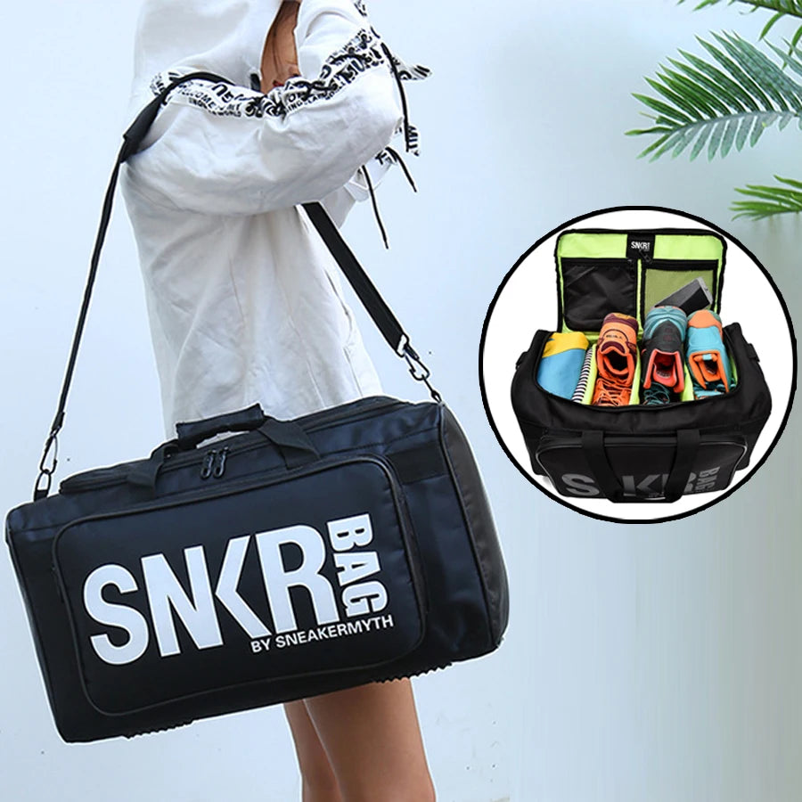 A black multifunctional adjustable gym bag with the text 'SNKR BAG' on the side, being worn by a person against a tropical backdrop, and an inset image showing the interior compartments filled with sneakers and clothing.