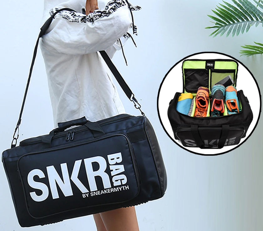 A black multifunctional adjustable gym bag with the text 'SNKR BAG' on the side, being worn by a person against a tropical backdrop, and an inset image showing the interior compartments filled with sneakers and clothing.