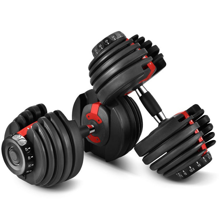 Pair of adjustable dumbbells on a white background