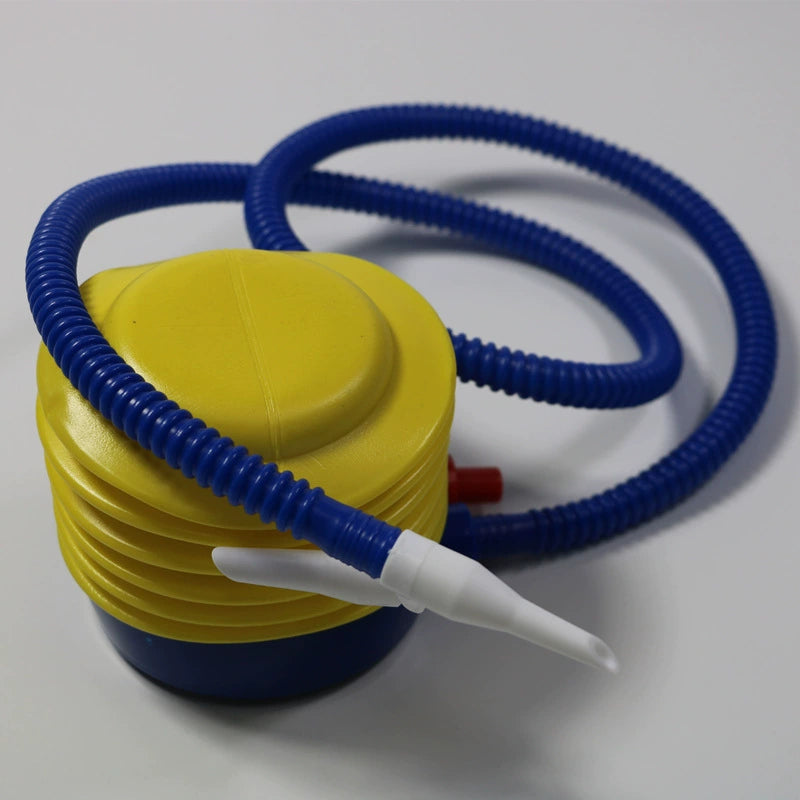 Yellow and blue inflatable pump with a white nozzle on a light gray background