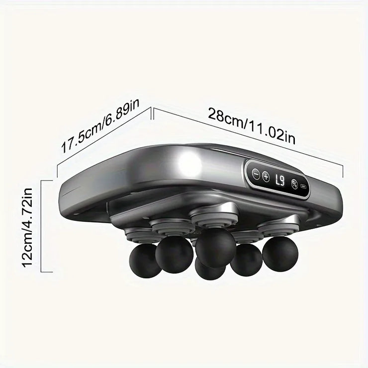Handheld massager with dimensions labeled on a white background