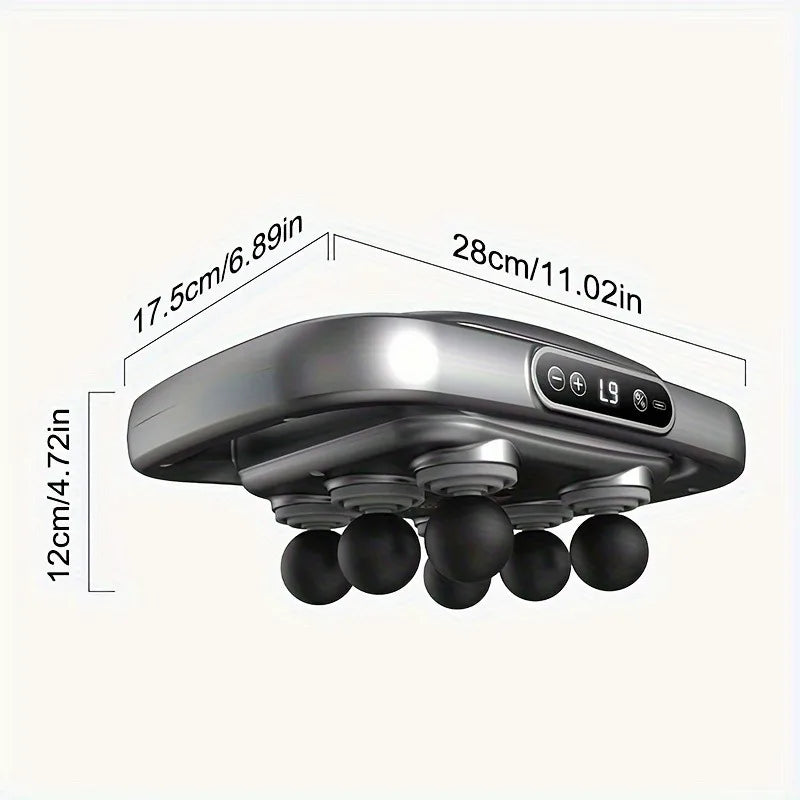 Handheld massager with dimensions labeled on a white background