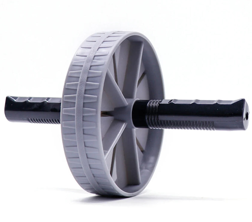 Gray exercise wheel with black handle on a white background