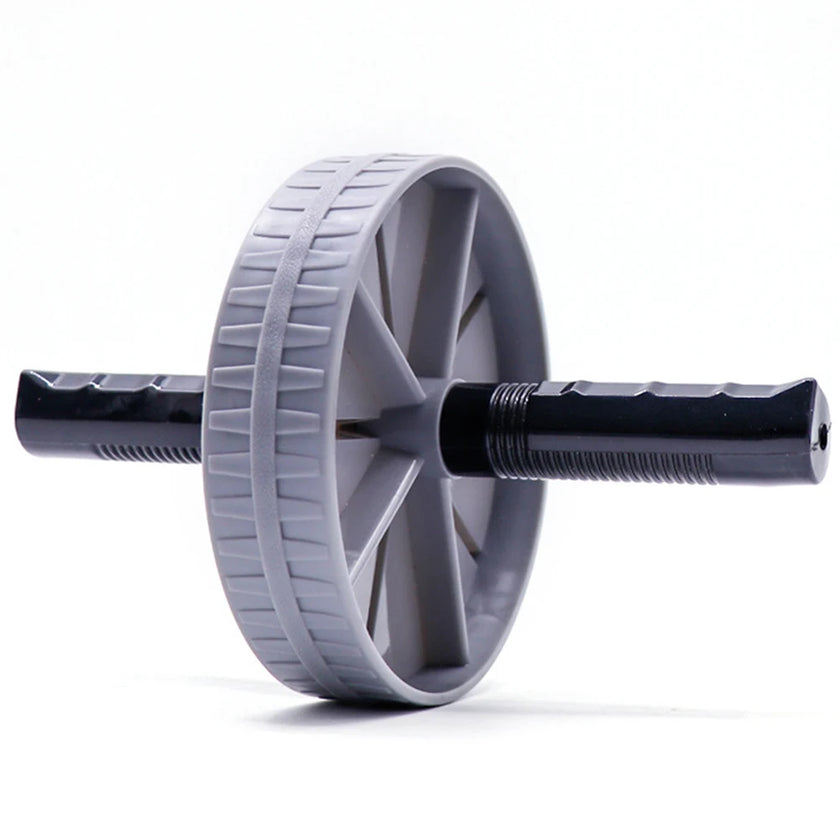 Gray exercise wheel with black handle on a white background