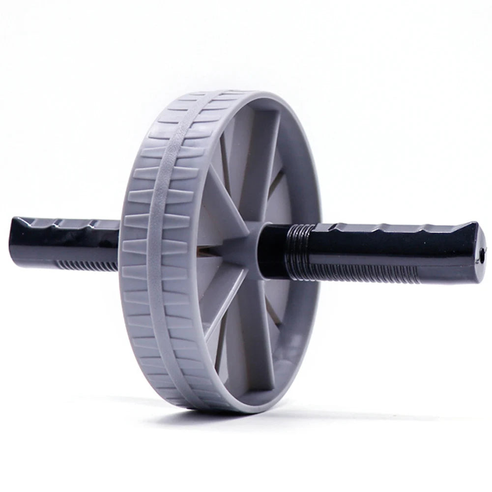 Gray exercise wheel with black handle on a white background