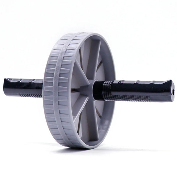 Gray exercise wheel with black handle on a white background