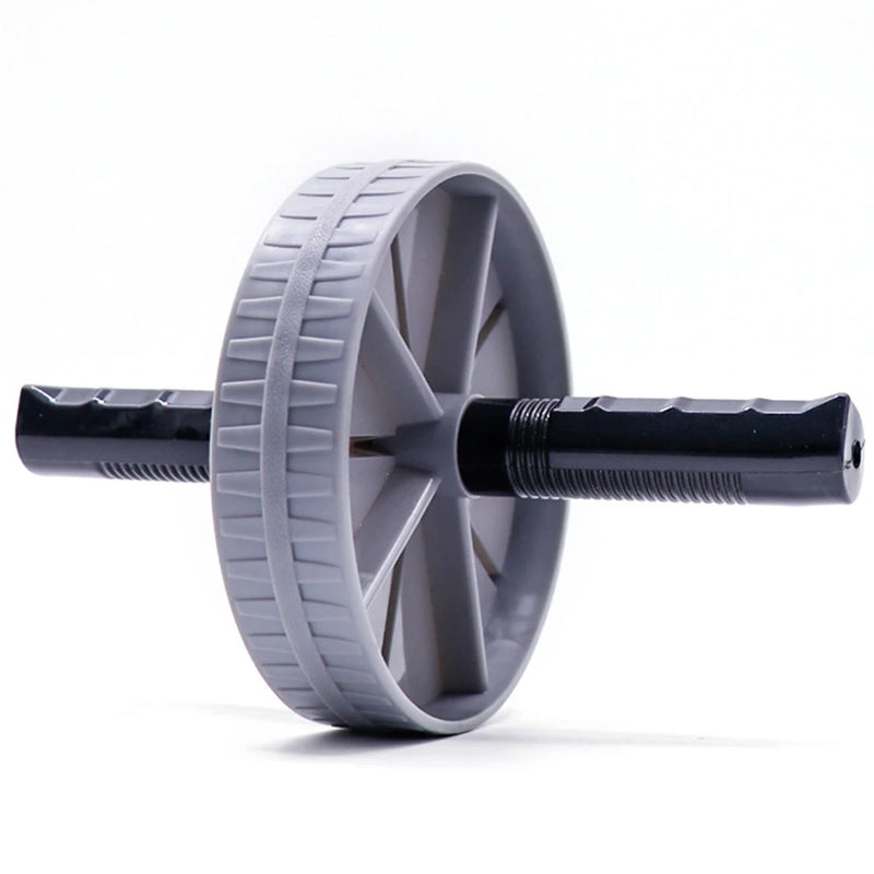 Gray exercise wheel with black handle on a white background