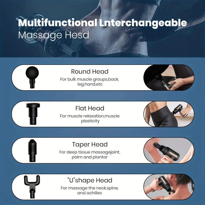 Portable Fascia Massage Gun Deep Tissue Mini Massager Body Muscle Relaxation with 4 Replaceable Massage Heads
