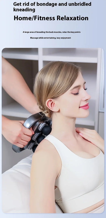 Person receiving a neck massage with a handheld device in a home setting.