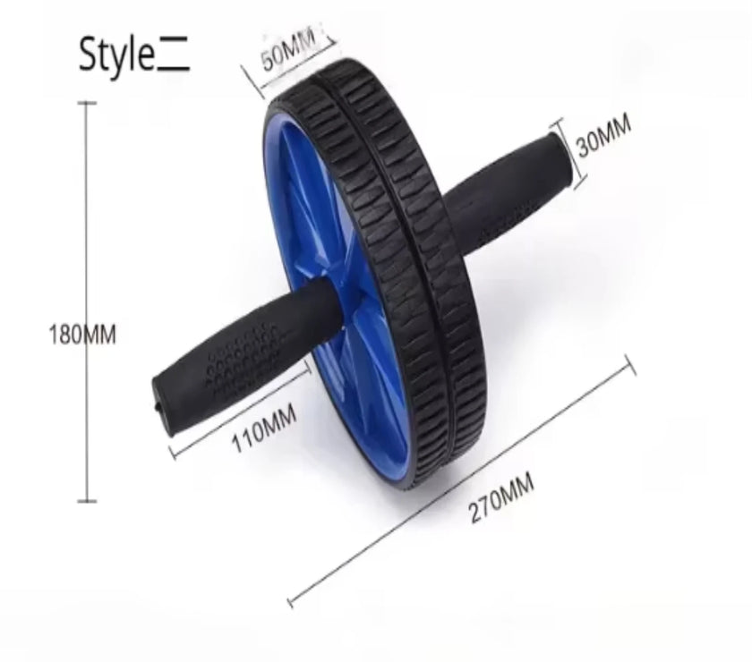 Blue and black exercise wheel with measurements on a white background