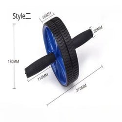 Blue and black exercise wheel with measurements on a white background