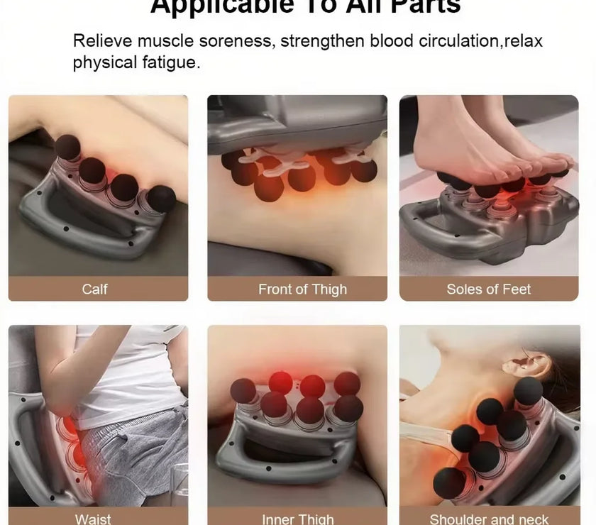 Massage device applicability to various parts of the body with text on muscle soreness relief.