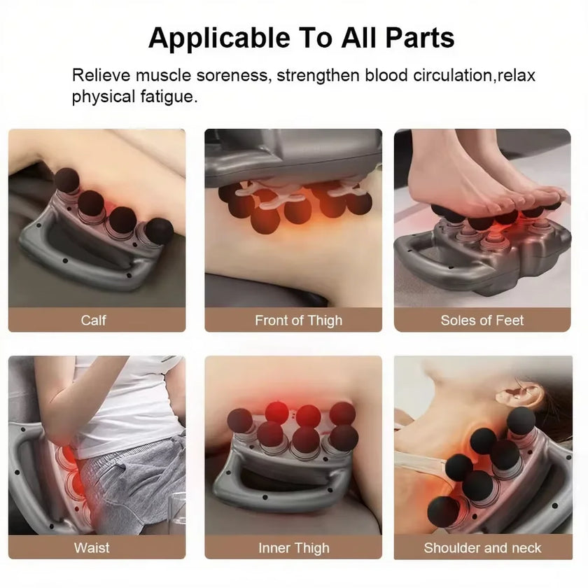Massage device applicability to various parts of the body with text on muscle soreness relief.