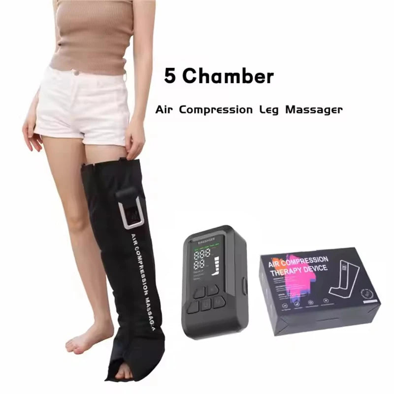 5 Chamber Air Compression Leg Massager with packaging on a white background