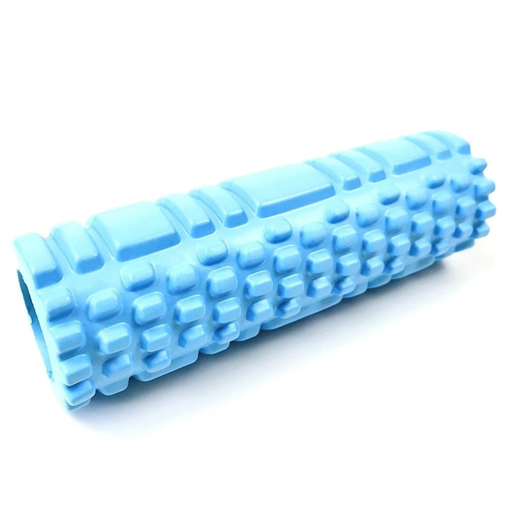 Blue foam roller on a white background