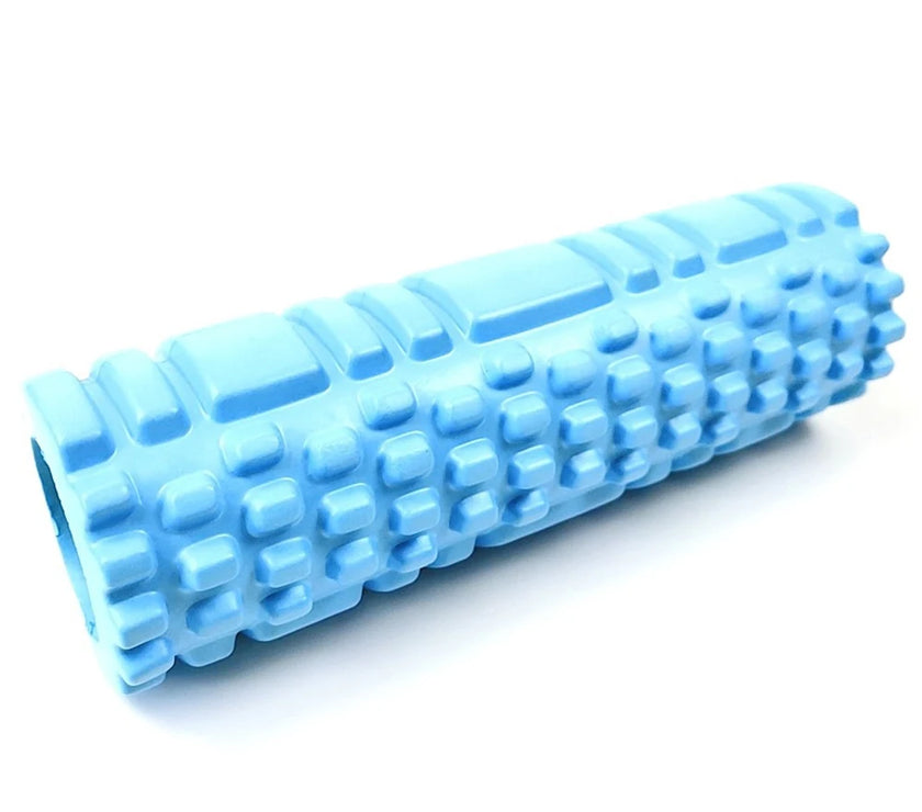 Blue foam roller on a white background