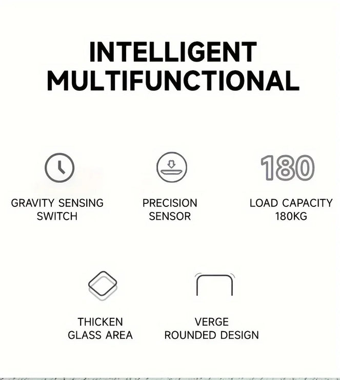 List of features including gravity sensing switch, precision sensor, thickened glass area, and verge rounded design on a white background.