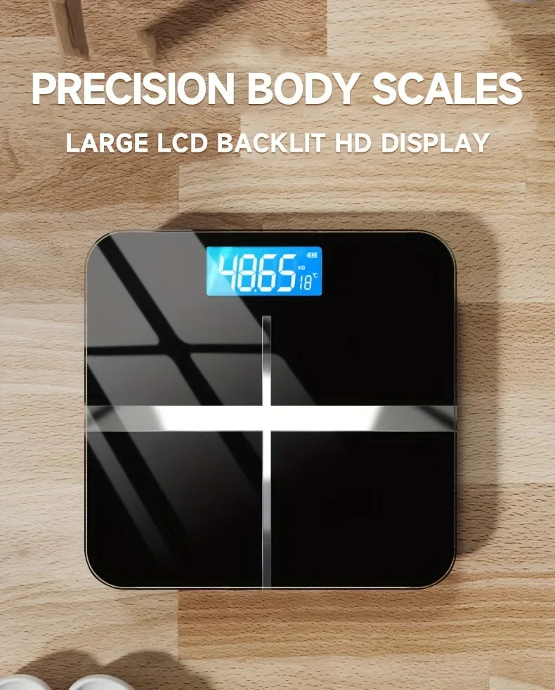 Digital body scale with large LCD backlit display on a wooden floor