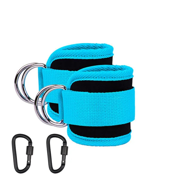 An image showing a person using an ankle cuff with a resistance band, which is pink in color. The set includes additional bands and a black carrying case.