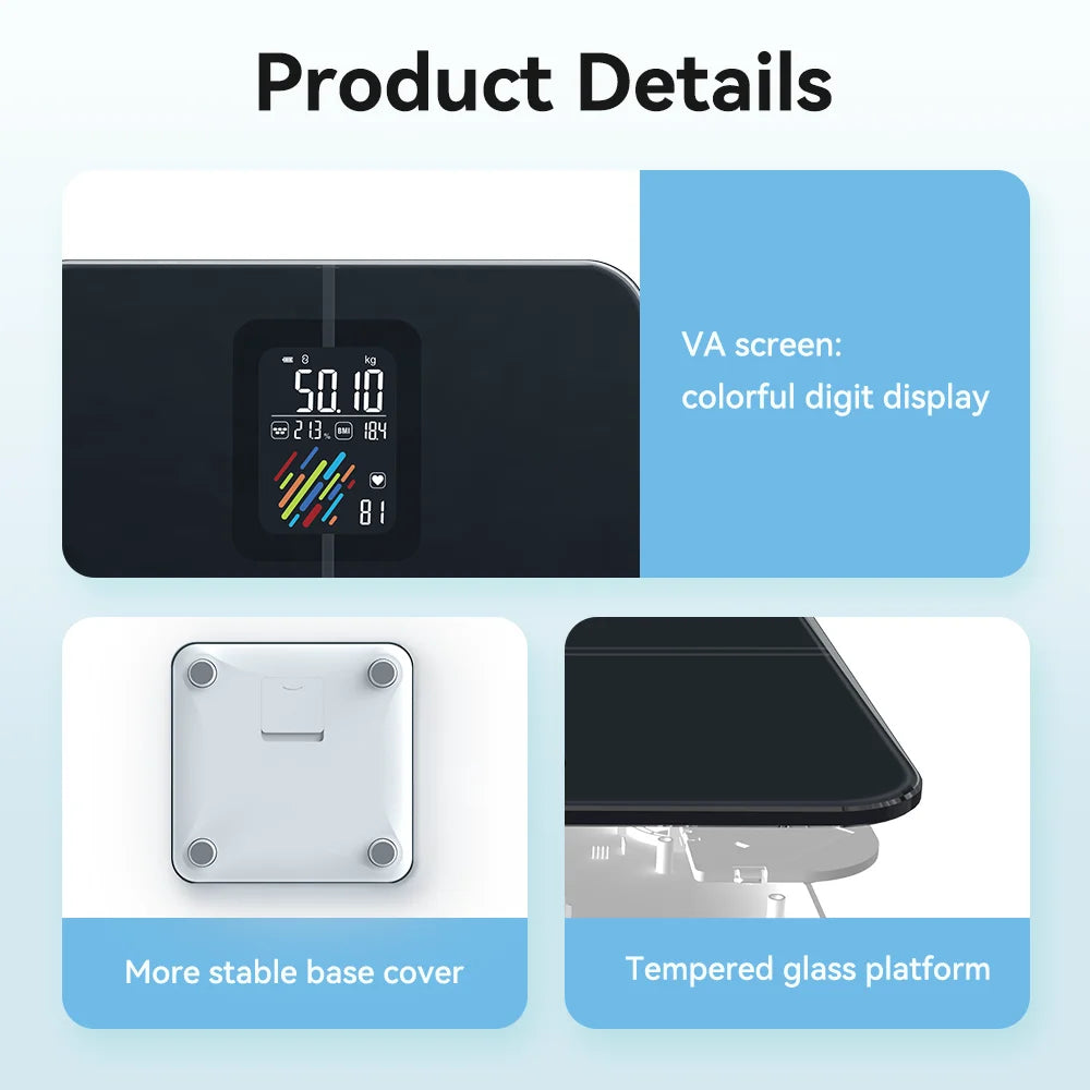 Product details of a digital scale with VA screen, stable base cover, and tempered glass platform on a light blue background.