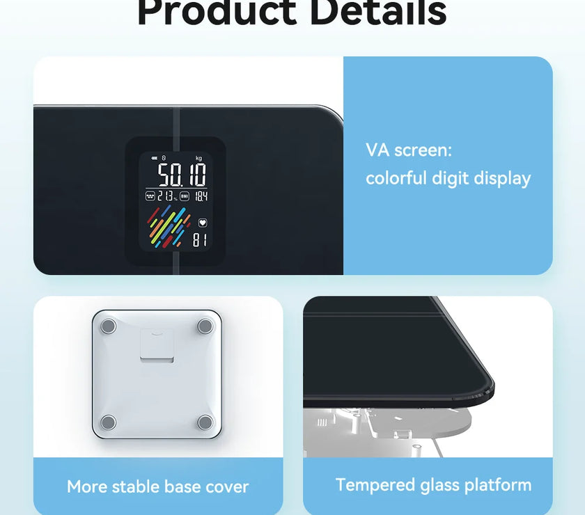 Product details of a digital scale with VA screen, stable base cover, and tempered glass platform on a light blue background.