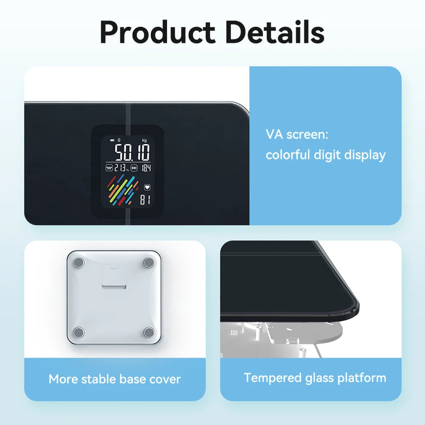 Product details of a digital scale with VA screen, stable base cover, and tempered glass platform on a light blue background.