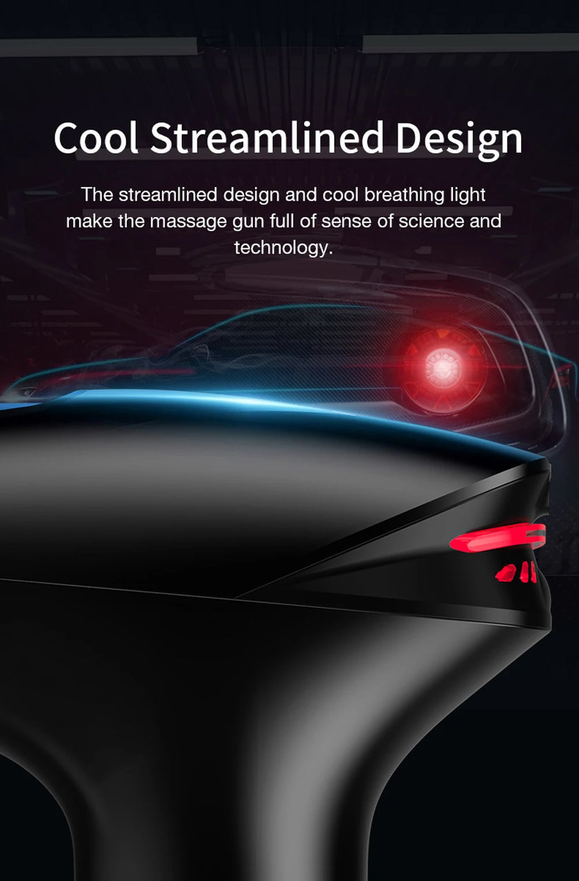 Massage gun with cool streamlined design and glowing elements on a dark background