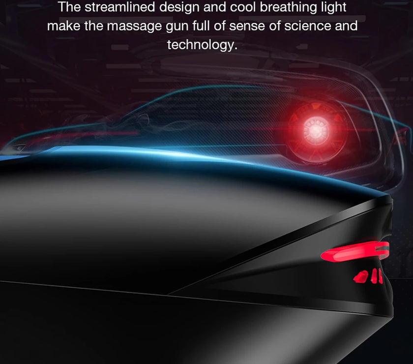 Massage gun with cool streamlined design and glowing elements on a dark background