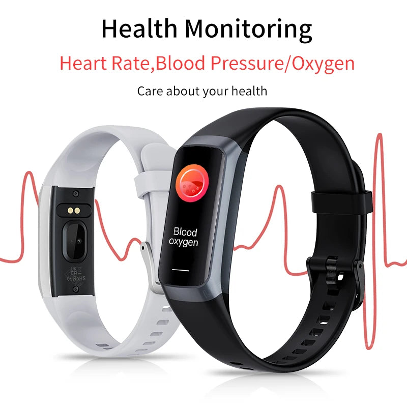 Two fitness trackers with heart rate and blood oxygen monitoring features on a white background.