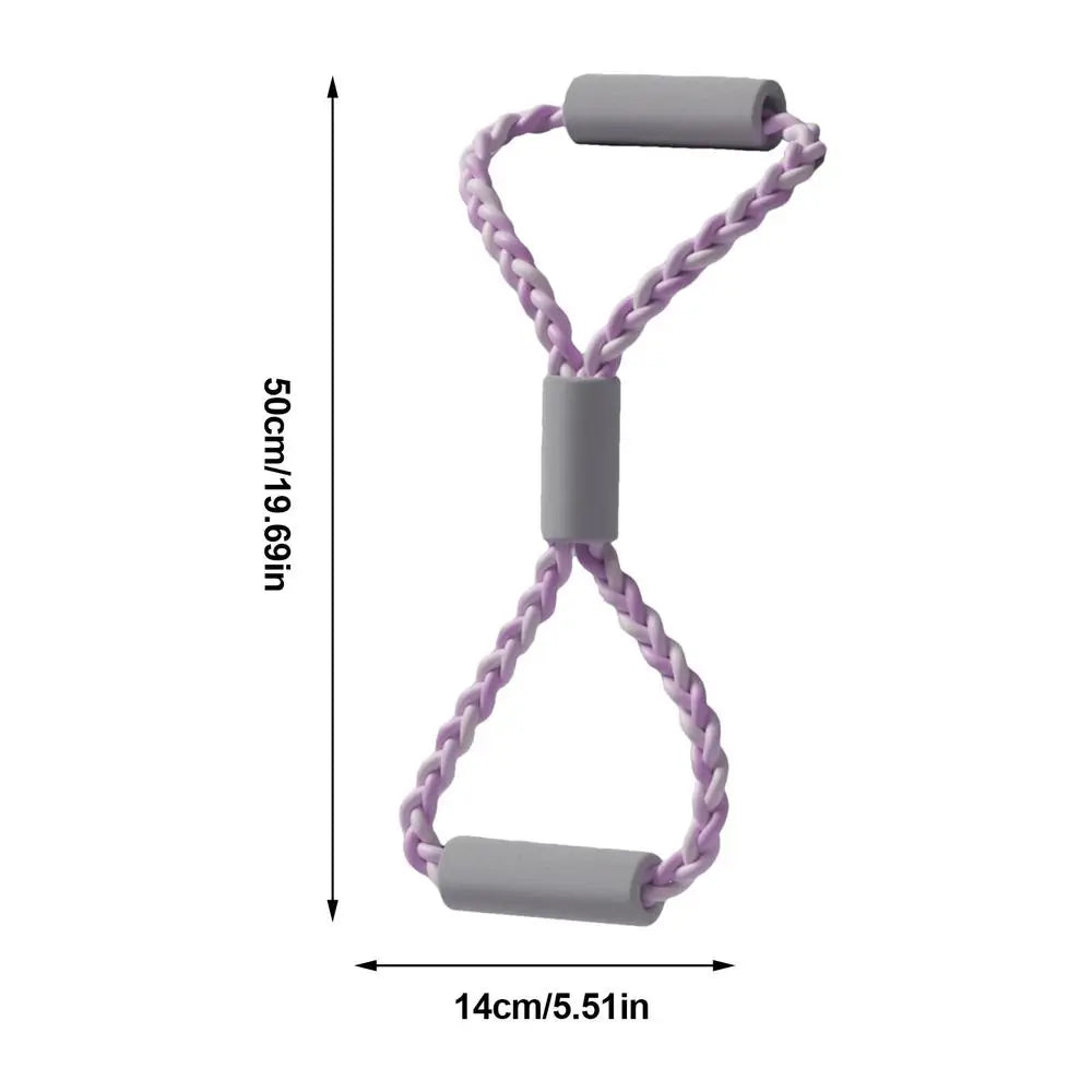 Purple resistance band with gray handles and measurements on a white background